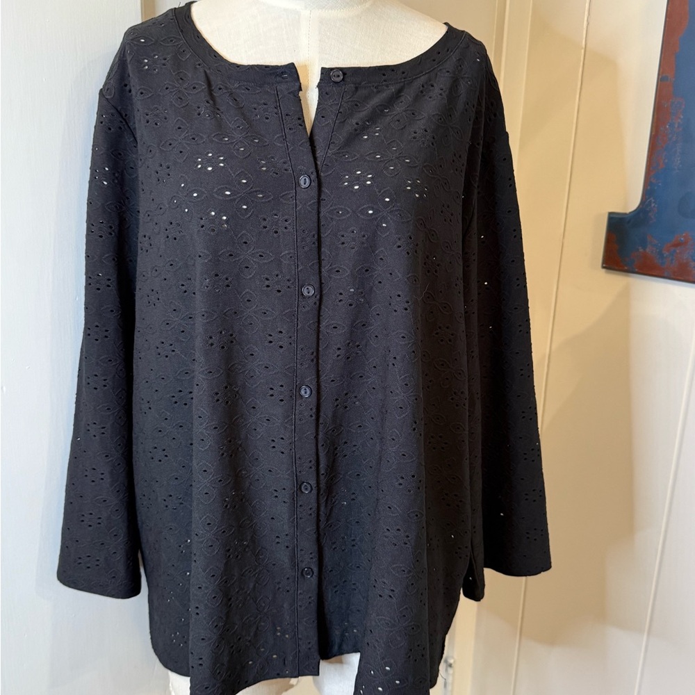 Black Eyelet Button-Front Women’s Top